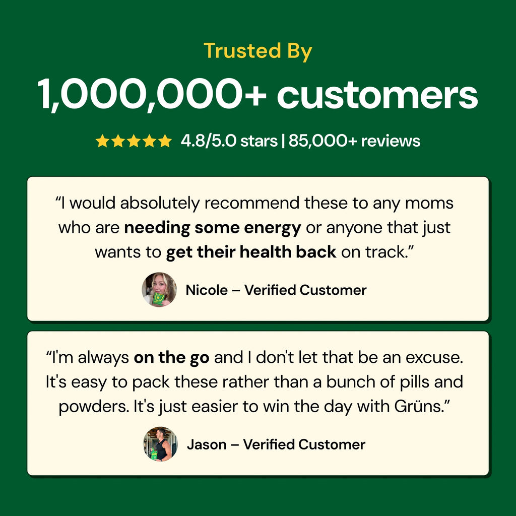 Product advertisement with customer testimonials and trust metrics, over 1,000,000 customers, 4.8 stars